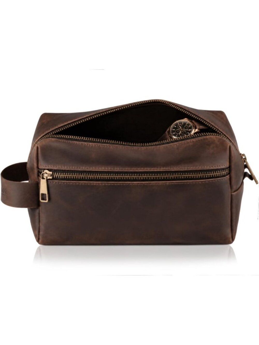 XL Brown Leather Dopp Kit - Waterproof Travel Toiletry Bag for Men, Double-Zip
